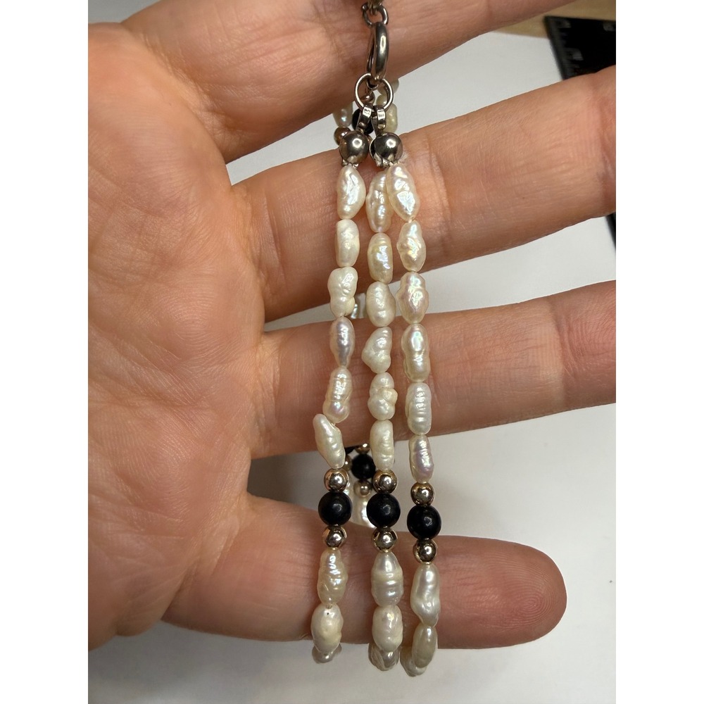 Three Strand Freshwater Rice Pearl Bracelet White Black Beads Silver Tone 7 In